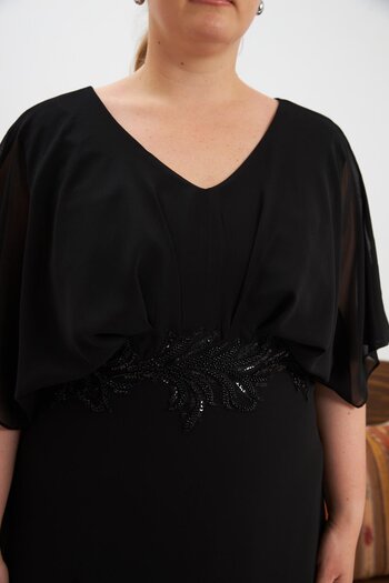 RMG Asymmetrical Cut Belt Detailed Plus Size Evening Dress