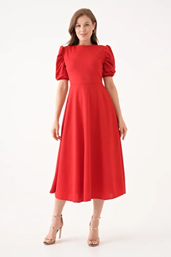 lovebox Women's Round Neck Short Balloon Sleeve Stretchy Crepe Fabric Midi Length Flared Cut Red Dress 092