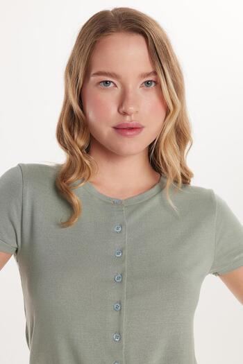 Tudors Women's Slim Fit Slim Fit Short Sleeve Crew Neck Buttoned Mint Cardigan