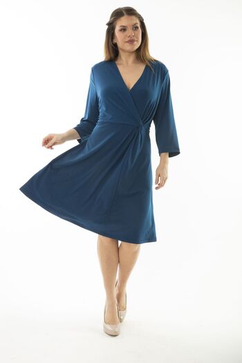 Şans Women's Plus Size Petrol Wrap Collar Capri Sleeve Dress 65N37067