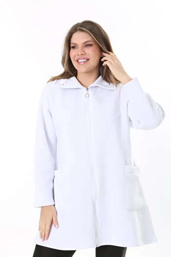 Şans Women's Large Size White Inside Ribbed Front Zipper 3 Thread Jacket 65N37788
