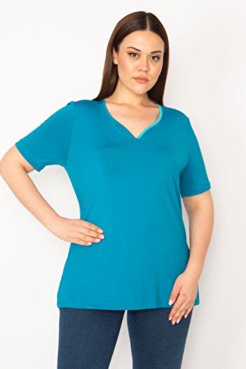 Şans Women's Green Large Size Single Collar Ribbed Sports Blouse 65n35619
