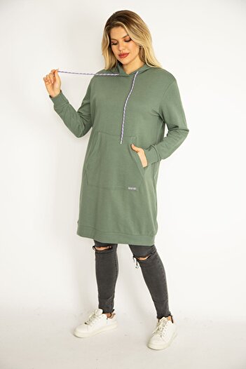 Şans Women's Large Size Green Hooded Kangaroo Pocket Long Sweatshirt 65n35070
