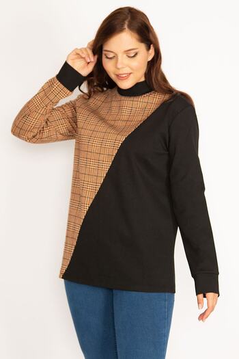 Şans Women's Large Size Brown Plaid Sweatshirt 65n34755
