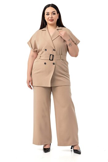 DISENTIS MODEST Large Size Double Breasted Belt Half Sleeve Mink Coat Pants Double Set
