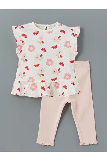LC Waikiki Lcw Baby Ecru Crew Neck Floral Baby Girl Blouse and Leggings 2Pcs