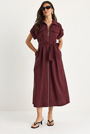 Bianco Lucci Women's Pocket and Zipper Detailed Belted Collar Long Dress Chd27 60283335