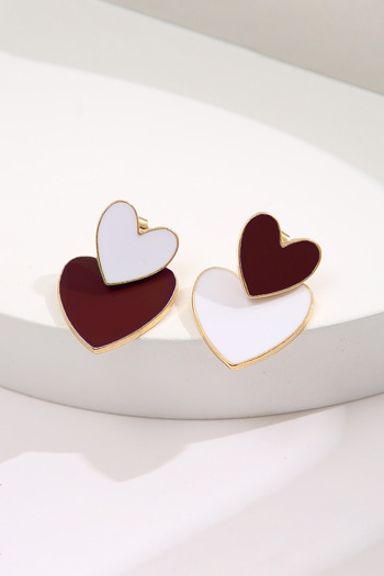 Glaren Burgundy Enameled Heart Design Gold Color Women's Earrings