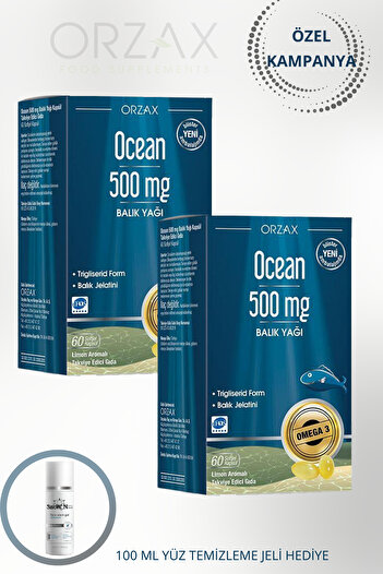 Ocean Omega-3 Fish Oil 500 Mg 60 Capsules Pure Fish Oil (2 Pcs) + 100ml Facial Cleansing Gel Gift