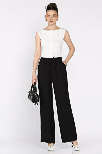 GÜLSELİ Black Women's High Waist Pocket Stone Palazzo Pants