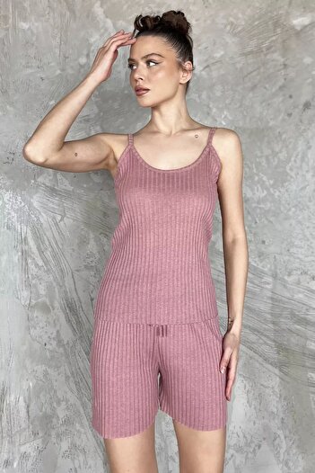 GÜLSELİ Dried Rose Women's Double Set with Self-Stripe Patterned Shorts