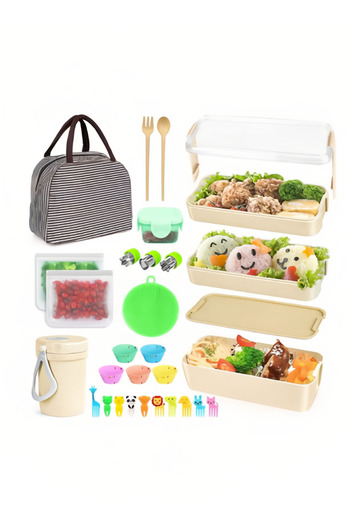 COOYA 27 Pcs Lunch Box Kit,Stackable 3-in-1 Compartment Japanese Lunch Box Set,with Accessories