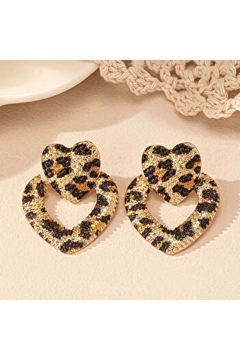 Néli Elegant Leopar desenli kalp sallantılı küpe