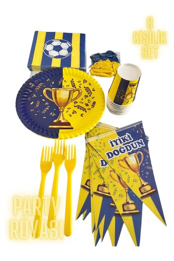 partyrüyası Yellow Navy Blue Mug Themed Birthday Set for 8 People
