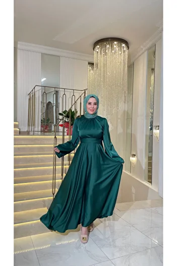 PERADO Spanish Sleeve Waist Wrapped Satin Hijab Evening Dress