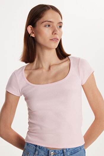 Tudors Women's Slim Fit Slim Fit Cotton Short Sleeve U-Neck Pink Blouse