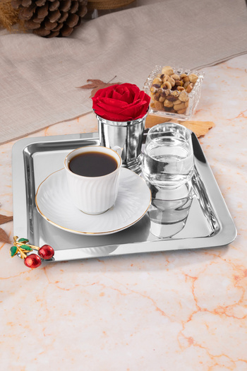 NEWTREND Züccaciye 1 Piece Luxury Cherry Silver Square Accessory Stainless Steel Coffee, Tea, Decorative Presentation Serving Tray