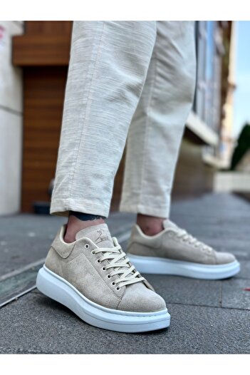 BOA BA0547 BOA Thick High Sole Cream Suede Lace-Up Sports Men's Shoes