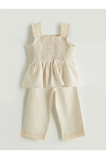 LC Waikiki LCW Kids Bej Keten Görünümlü Kız Çocuk Bluz ve Pantolon 2'li