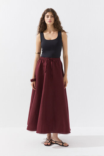 Hooopstore Lyocell Linen Elastic Waist Burgundy Skirt