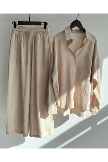 King Brothers Women's Shirt Suit Beige Color Boyfriend Linen Blended Bottom Top Suit with Pocket New Season
