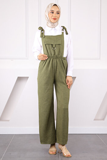 İmajButik Khaki Linen Jumpsuit with Pocket Detail