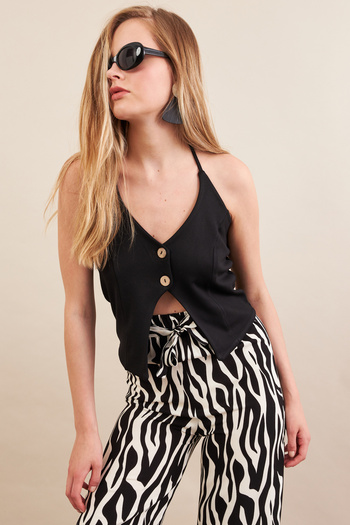 Cool & Sexy Women's Black Neck Tie Button Vest Flu7304