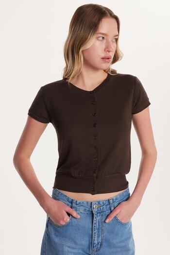 Tudors Women's Slim Fit Slim Fit Short Sleeve Crew Neck Buttoned Brown Cardigan