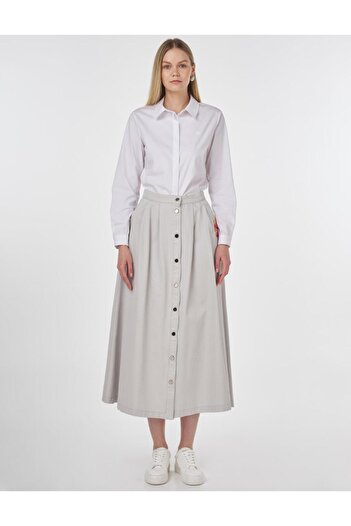 Kayra Embroidery Embroidered Canvas Skirt Light Gray