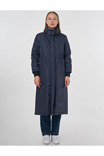 Kayra Waist Drawstring Quilted Mixed Anorak Coat Dark Navy Blue