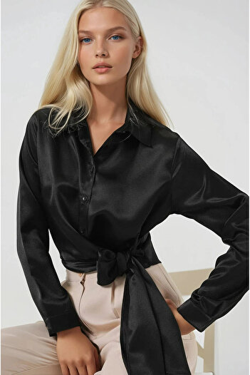 hazelin Women's Black Satin Surface Shirt with Binding Detail Hzl25S-Bd1202871