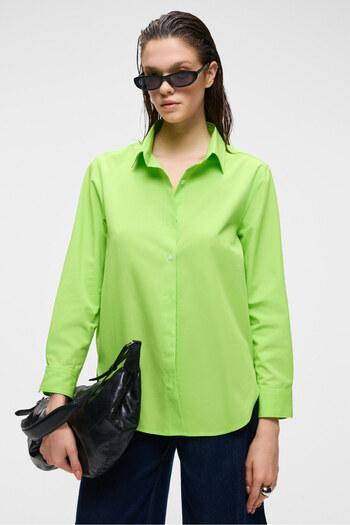 GRIMELANGE Delfino Women's Oversize 100% Organic Cotton Long Sleeve Thin Long Peanut Green Shirt
