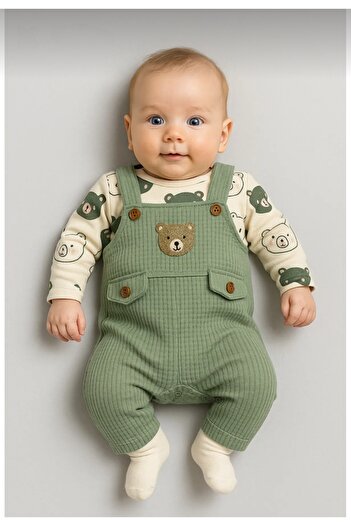 Uğur bebe Bear Patterned Baby Boy Rompers 3-Piece Rompers Set (Zıbın Rompers Socks) 3-6-9 Months Baby Outfit Green Color