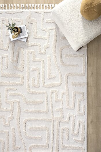 Eliz Home Krem Renk Modern Dokuma Halı Yolluk Antre Oturma Odası Salon Mutfak Halısı