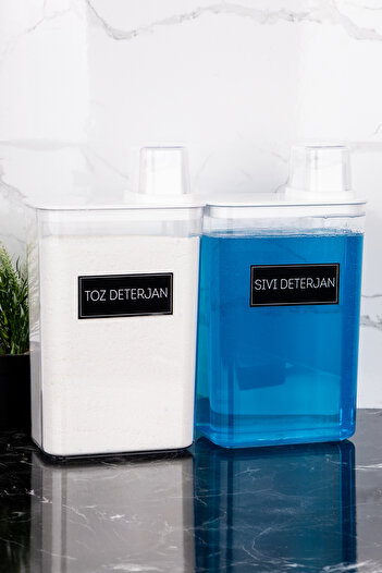 Dolkin Home 2'li Deterjanlık Kutusu Seti Toz Deterjan Sıvı Deterjan Etiketli Saklama Kutusu 3000ml Deterjan Seti