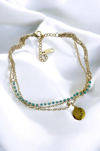 PETEK AKSESUAR Steel Uncertain 3 Rows Turquoise Beaded Chain Anklet