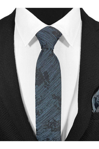 BLC Basic Line Co. Black and Blue Melted Striped Microfiber Classic Tie and Pocket Square Set – 7 cm