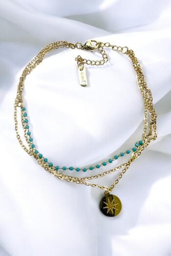 PETEK AKSESUAR Steel Uncertain 3 Rows Turquoise Beaded Chain Anklet