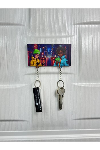 karbonsoft Luxury Street Themed Wooden Keychain - Phoge and Karte Characters on a Luxury Street