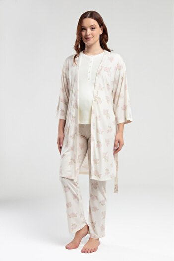 Pierre Cardin Women's Cream Dressing Gown 3-Piece Maternity Pajama Set