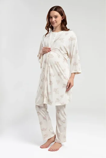 Pierre Cardin Women's Cream Dressing Gown 3-Piece Maternity Pajama Set