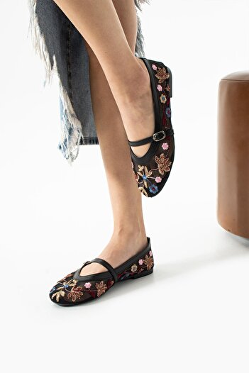 ELAIA SHOES Lilia Tül Kumaşlı Nakış İşlemeli Kadın Babet Siyah