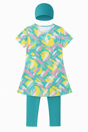 TESMAY Hien Short Sleeve Children's Swimsuit with Tights 3-Piece Set Water Repellent Dress Swimsuit Slim Fit with Bonnet for Ages 5-14