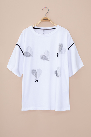 Cansın Mini Ecru Sleeve Stripe Detailed Sequined Girl's Oversize T-Shirt 20812