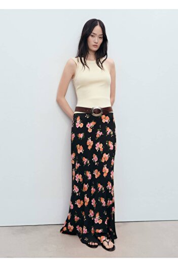 MANGO Woman Floral Skirt with Lace Trim