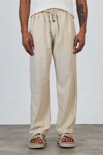 MADZEYMODA Premium Baggy Fit 100% Cotton Elastic Waist White Striped Ecru Woven Pants Ls-23105