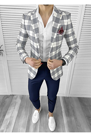 dehaine Sacou pentru barbati, slim fit, in carouri bleumarin, 715, alb