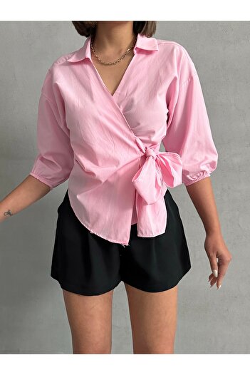 BEJNA Women's Pink Side Tie Shirt