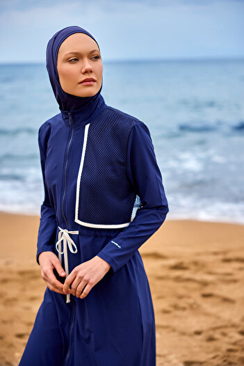 Marina Navy Blue Full Covered Hijab Swimsuit with Tulle Detail, Gathered Front Panel M2506-2