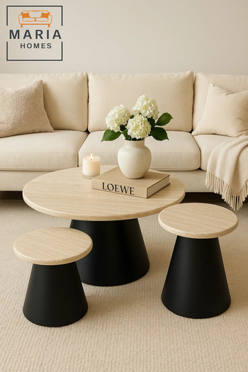 MARIA HOMES Modern Nesting Coffee Table Set 3-Piece Beige Marble Top with Black Cone Base for Living Rooms